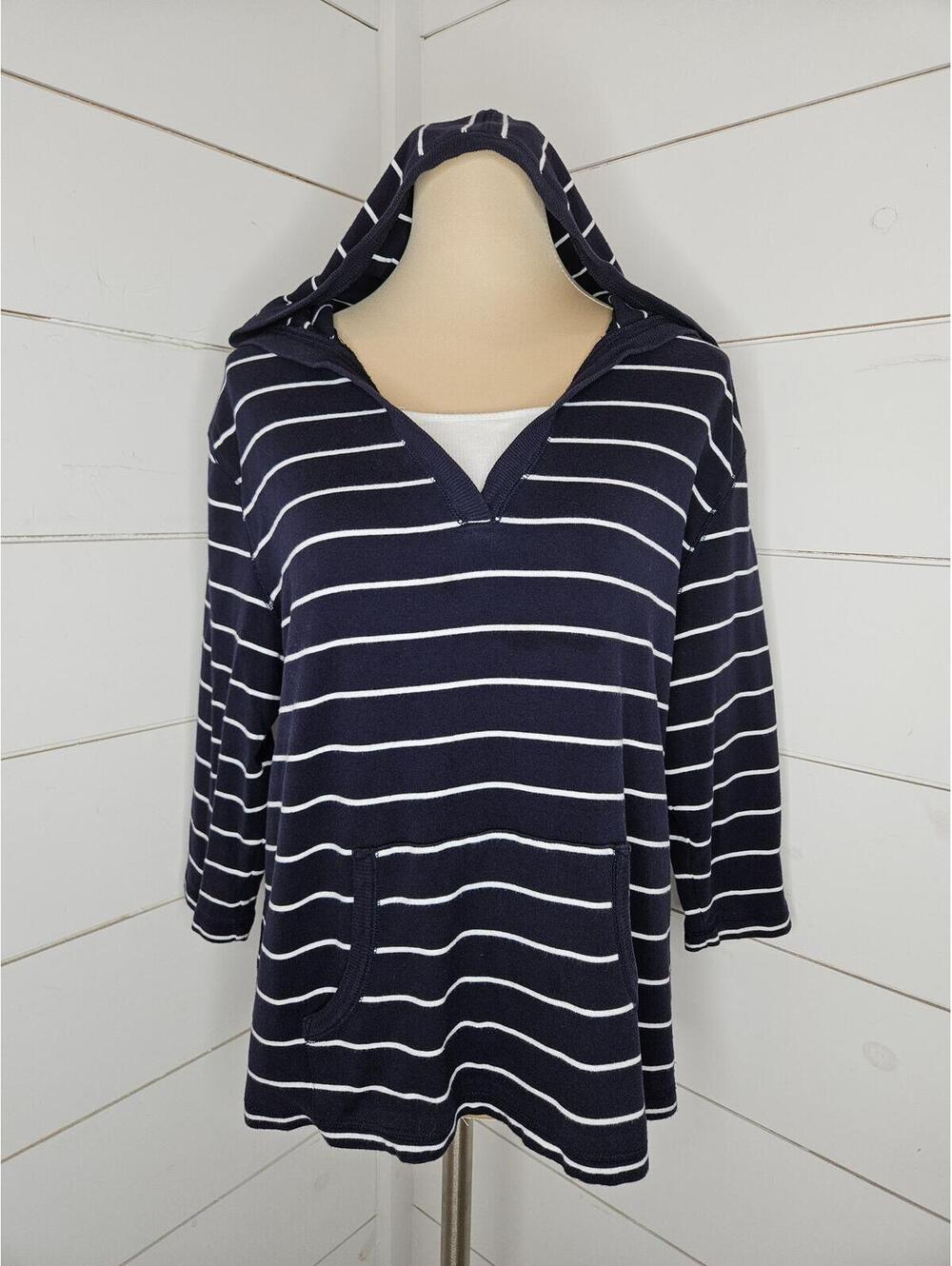 Karen Scott large navy blue & white stripe hoodie long sleeve tee shirt. Comfy!
